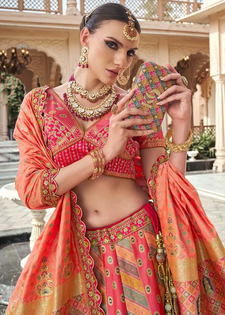 Coral Pink Banarasi Silk Lehenga with Zarkan & Cutwork