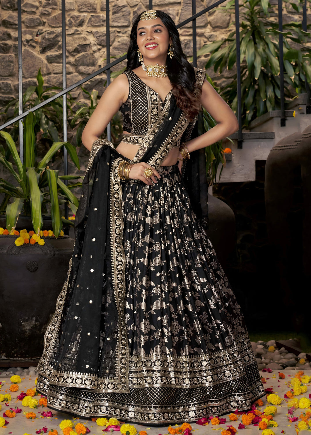 Black Sequins and Zari Embroidery Work Silk Lehenga