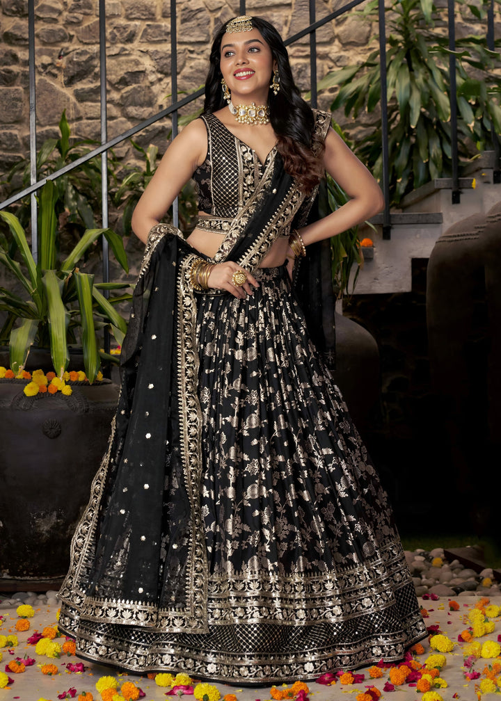 Black Sequins and Zari Embroidery Work Silk Lehenga