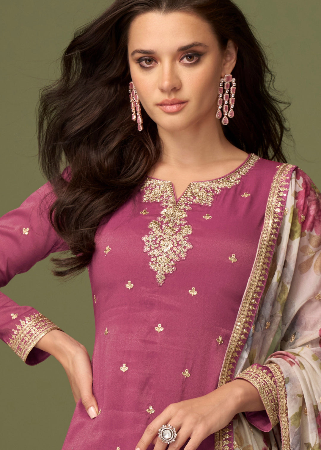 Smitten Pink Palazzo Silk Suit With Floral Dupatta
