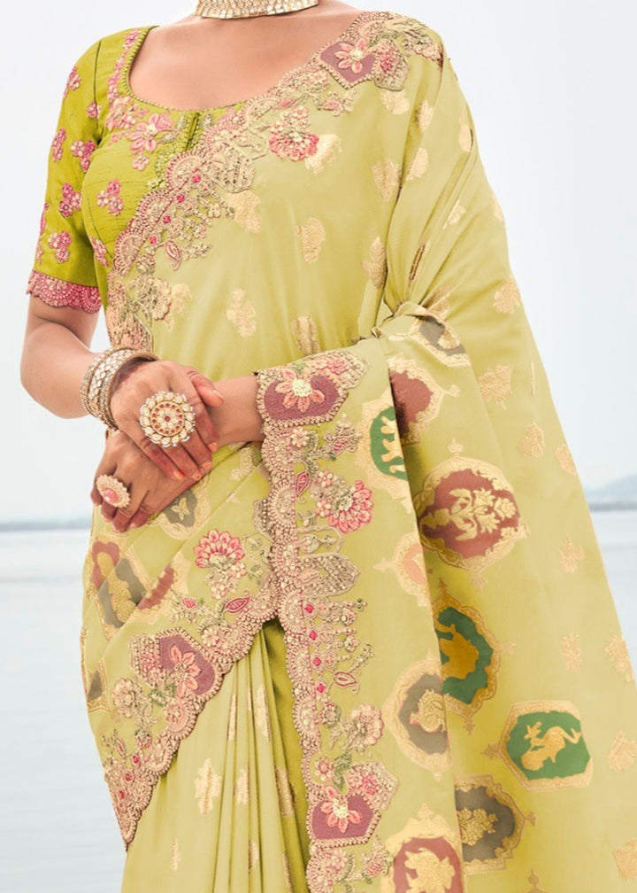 Canary Yellow Silk Saree With Embroidery Cut and Butti Work