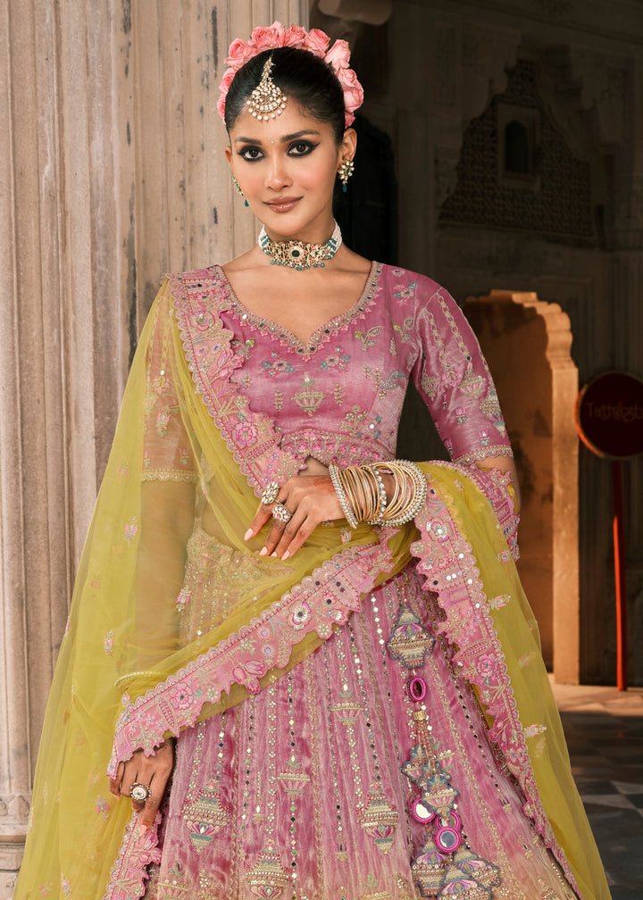 Sunshine Yellow & Pink Fancy Silk Lehenga Choli With Cut Work Embroidery Border & Stone Work
