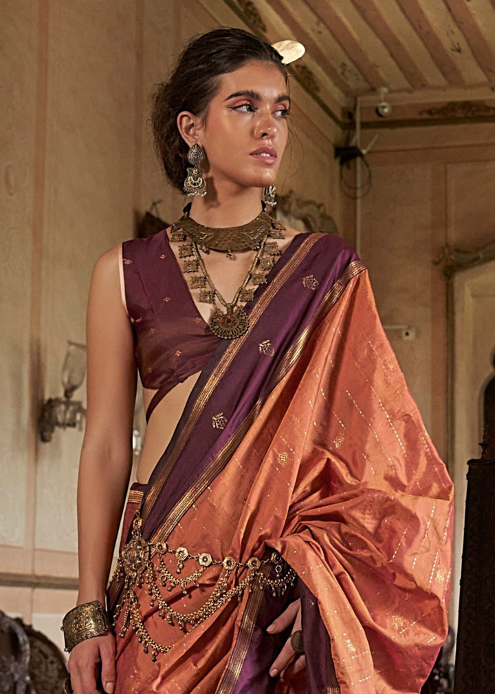 Coral Tussar Silk Handloom Weaving Saree