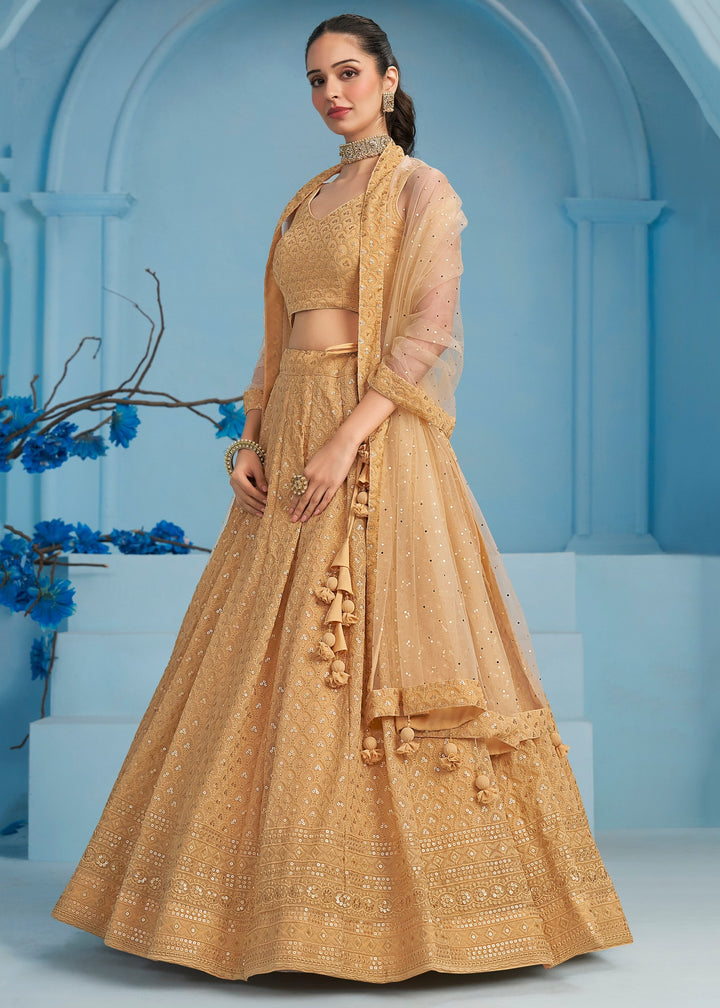 Beige Georgette Lehenga With Sequins and Thread Embroidered Work