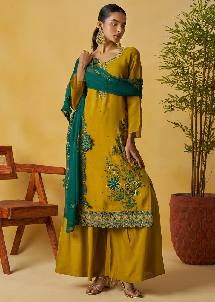 Mustard Yellow Salwar Suit with Teal Green Dupatta