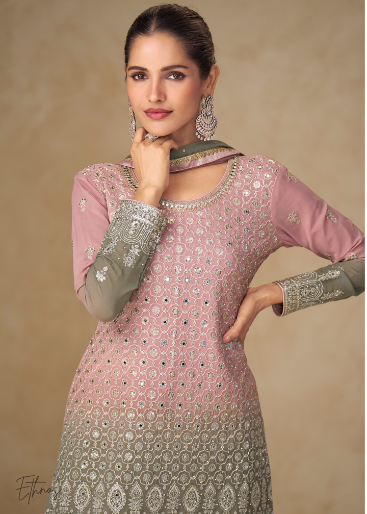 Blush Pink And Olive Grey Georgette Salwar Suit