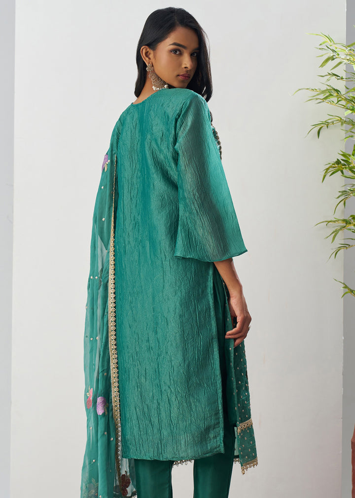 Dark Emerald Green Silk Pant Suit With Chiffon Dupatta