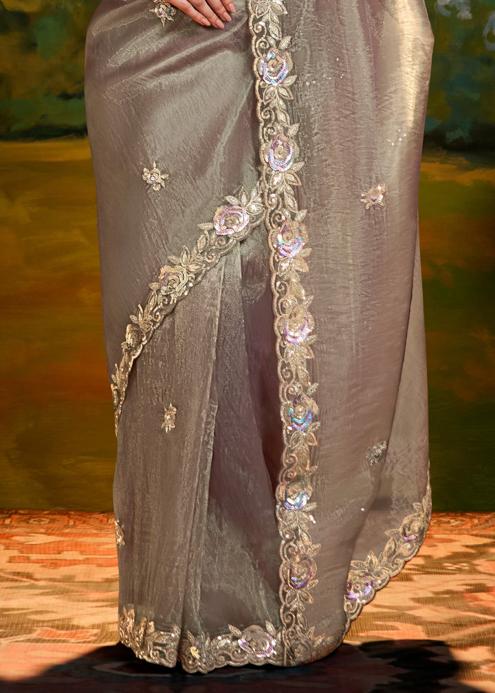 Flint Grey Saree With Embroidery And Handwork Designer Cut Border