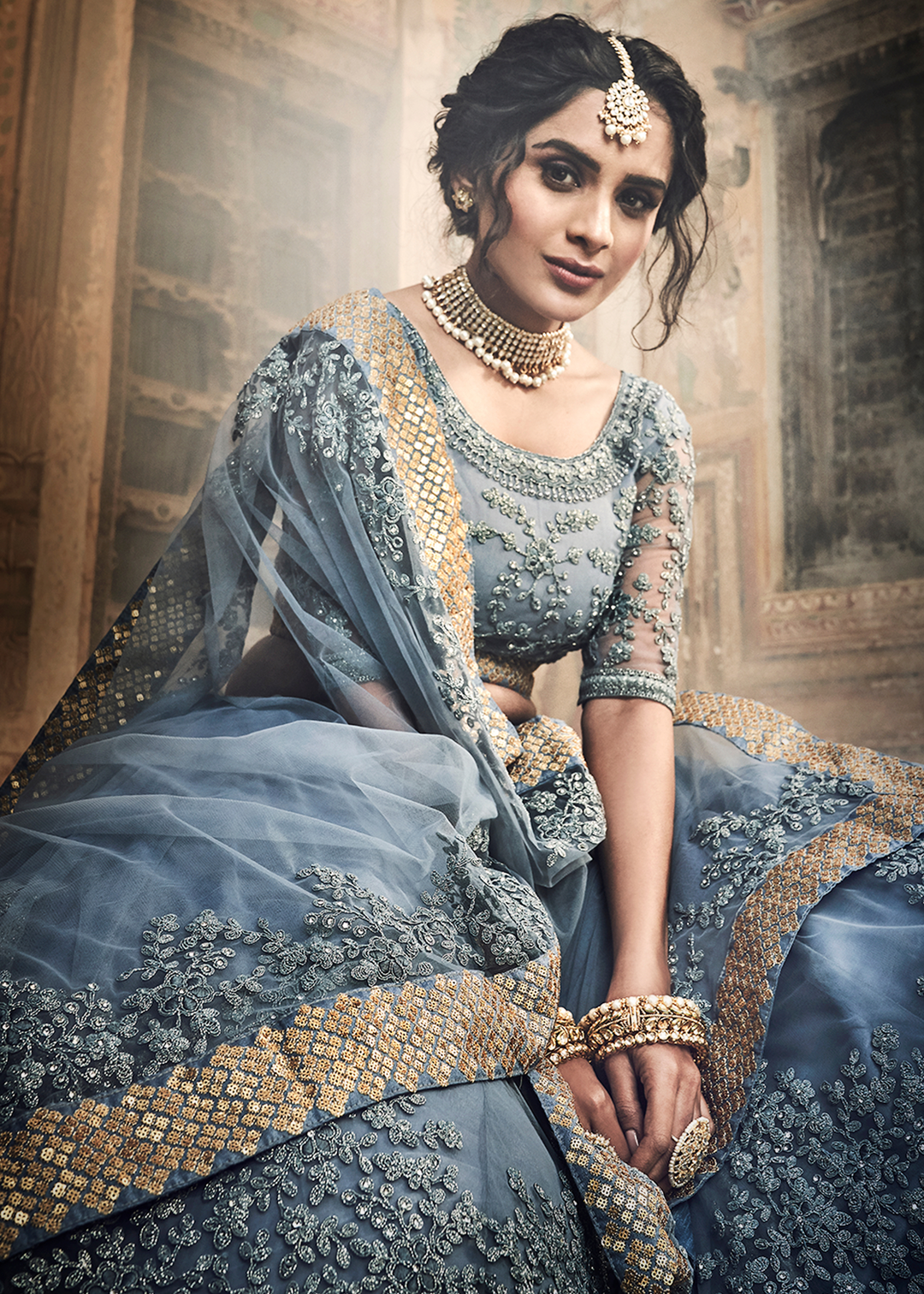 Cornflower Blue Soft Net Lehenga Choli with Dori & Zarkan work
