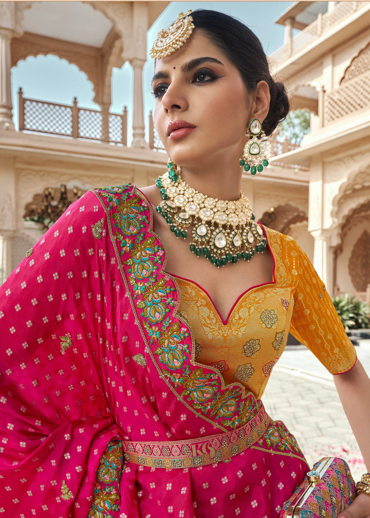 Hot Pink Banarasi Silk Lehenga with Zarkan & Cutwork