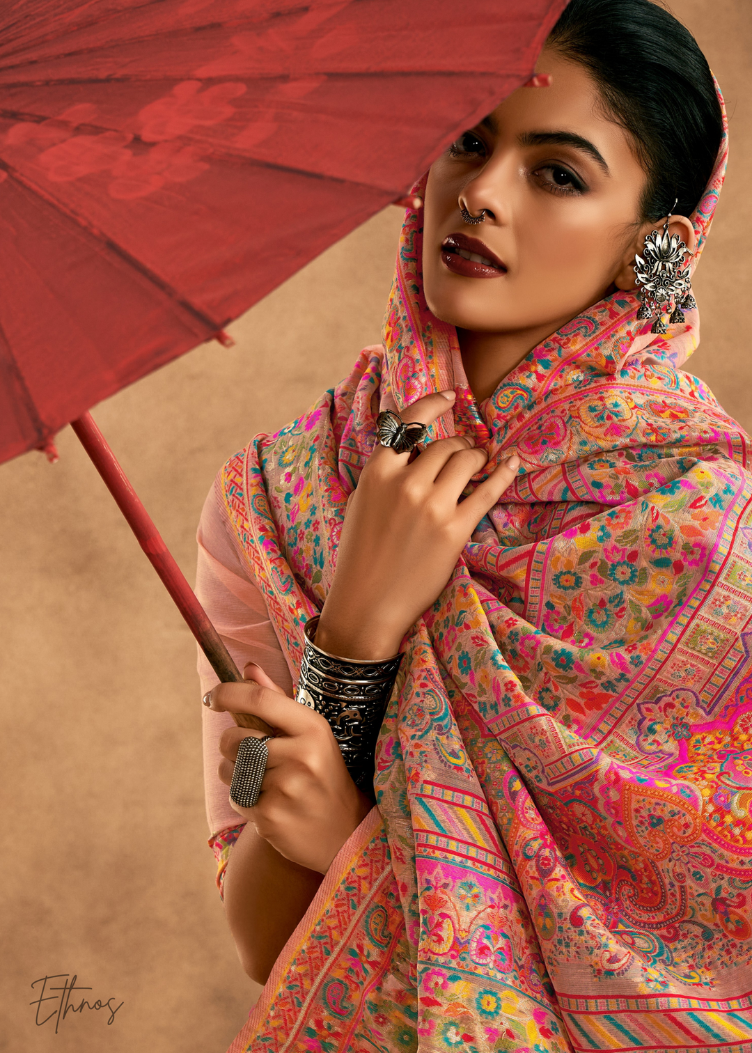 Blush Peach with Multicolour Kashmiri Floral Weave Saree