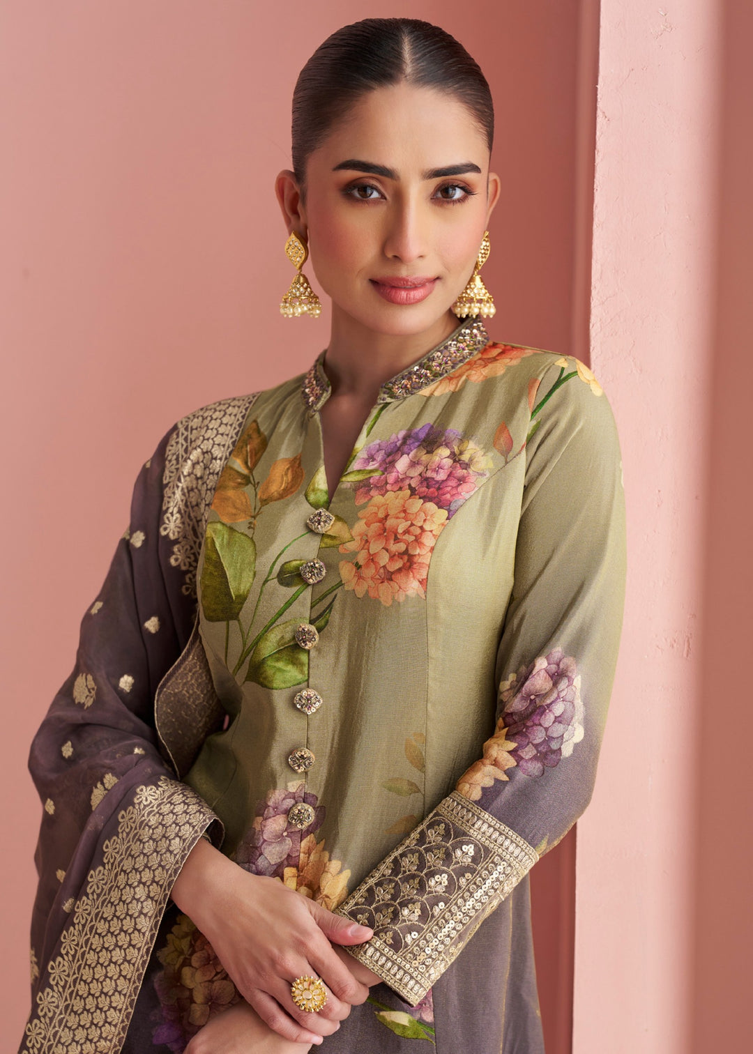 Light olive green Salwar Suit with Large Floral Print