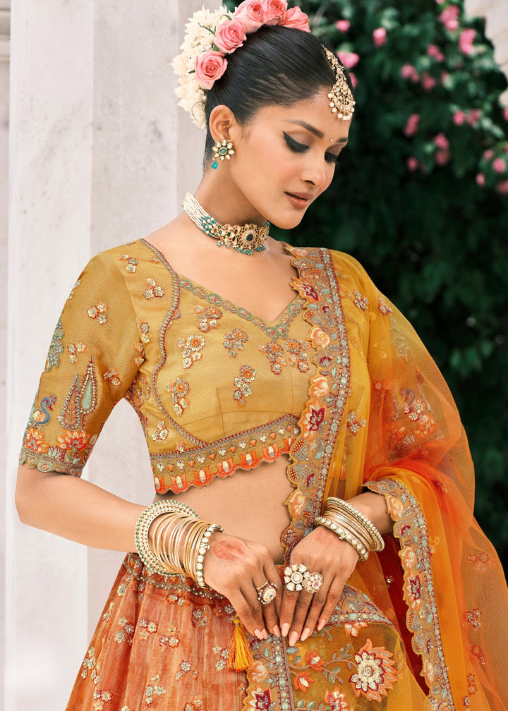Cadmium Orange Fancy Silk Lehenga Choli With Cut Work Embroidery Border & Stone Work