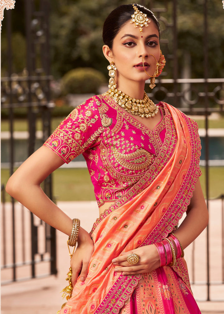 Deep Fuchsia Pink Banarasi Silk Lehenga With Golden Zari Work