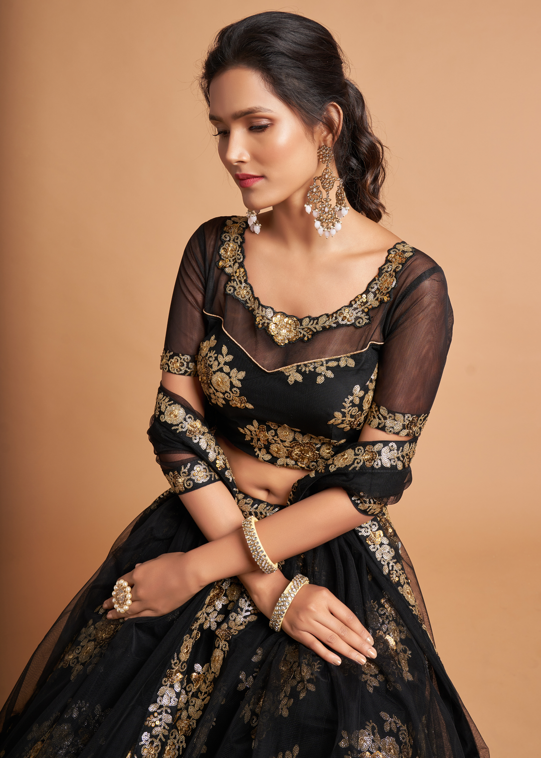 Onyx Black Designer Soft Net Lehenga Choli with Zari & Sequins work
