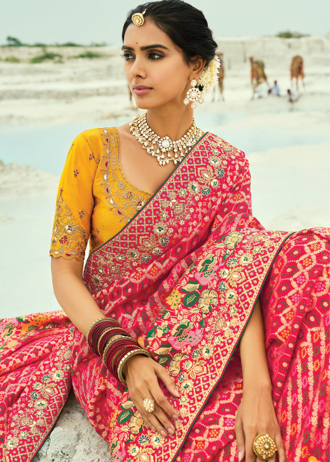 French Pink Georgette Bandhej Saree With Moti & Cut-Dana Handwork Border
