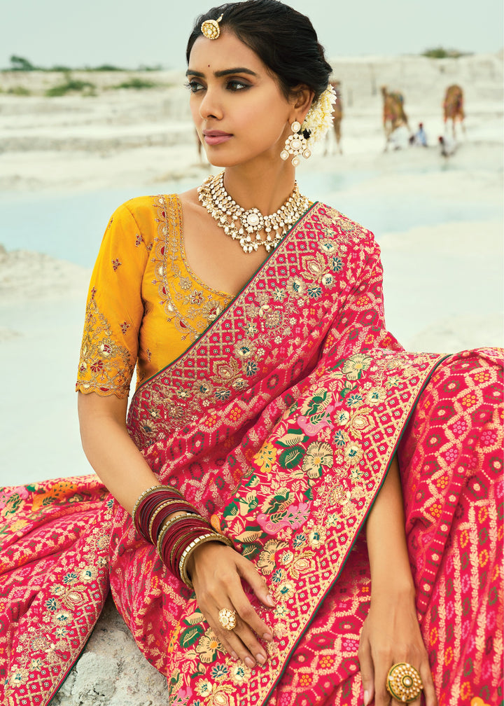 French Pink Georgette Bandhej Saree With Moti & Cut-Dana Handwork Border