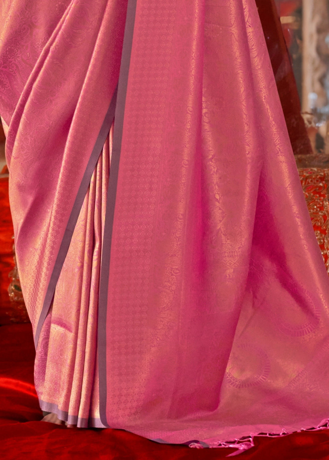 Rose Pink Handloom Weaving Silk Saree