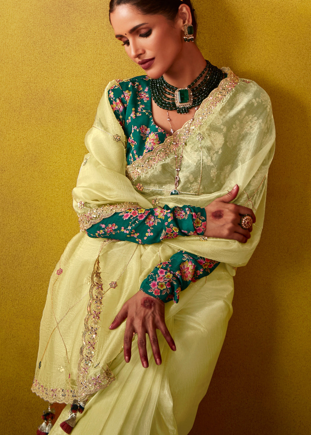 Lemon Yellow Glass Tissue Silk Saree