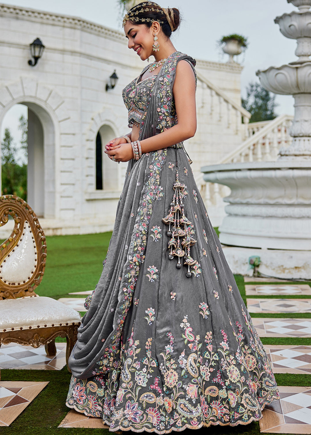Grey Tissue Lehenga Choli with Sequinned Embroidered