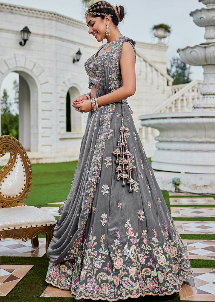 Grey Tissue Lehenga Choli with Sequinned Embroidered