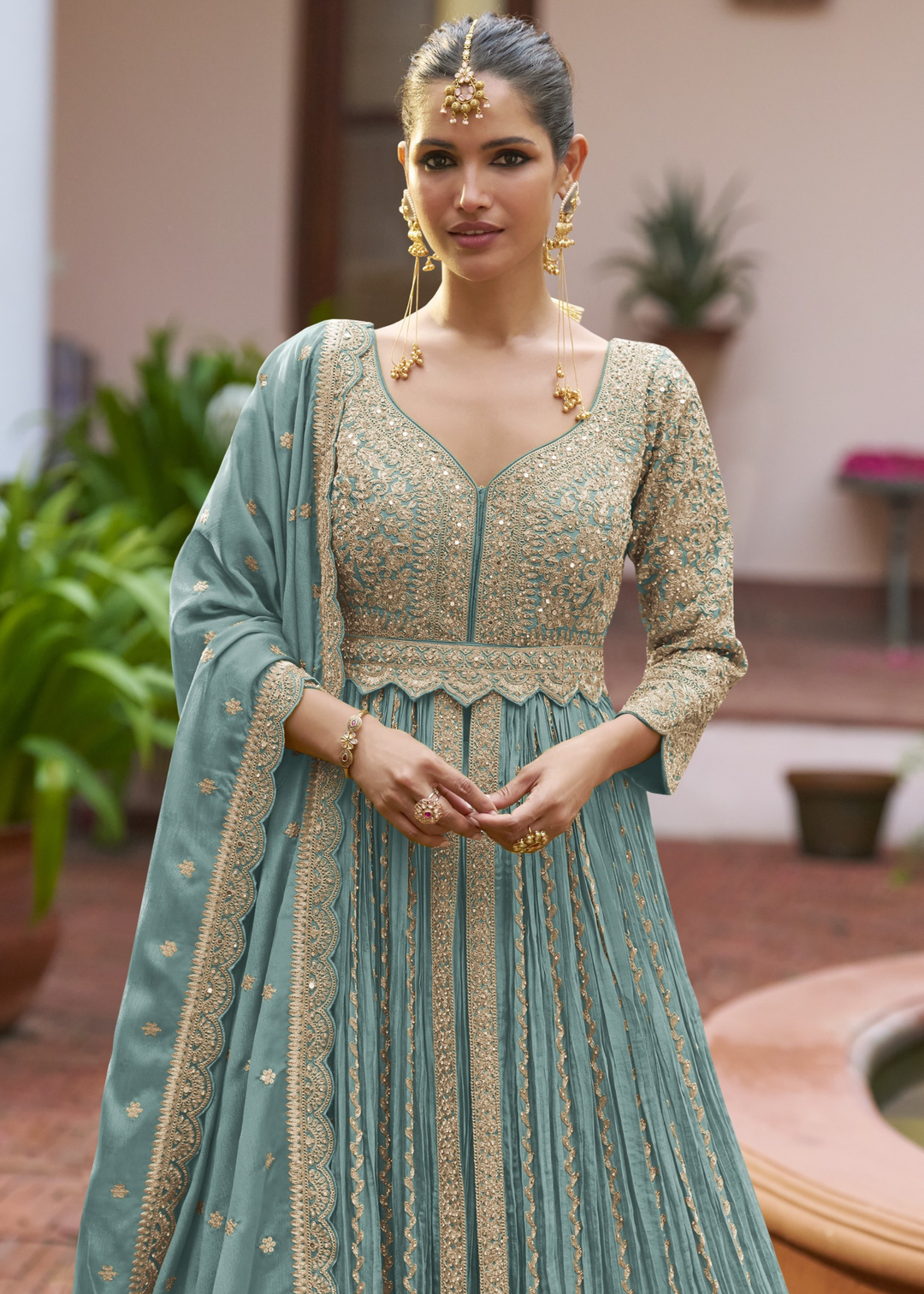 Turquoise Teal Chinon Salwar Suit