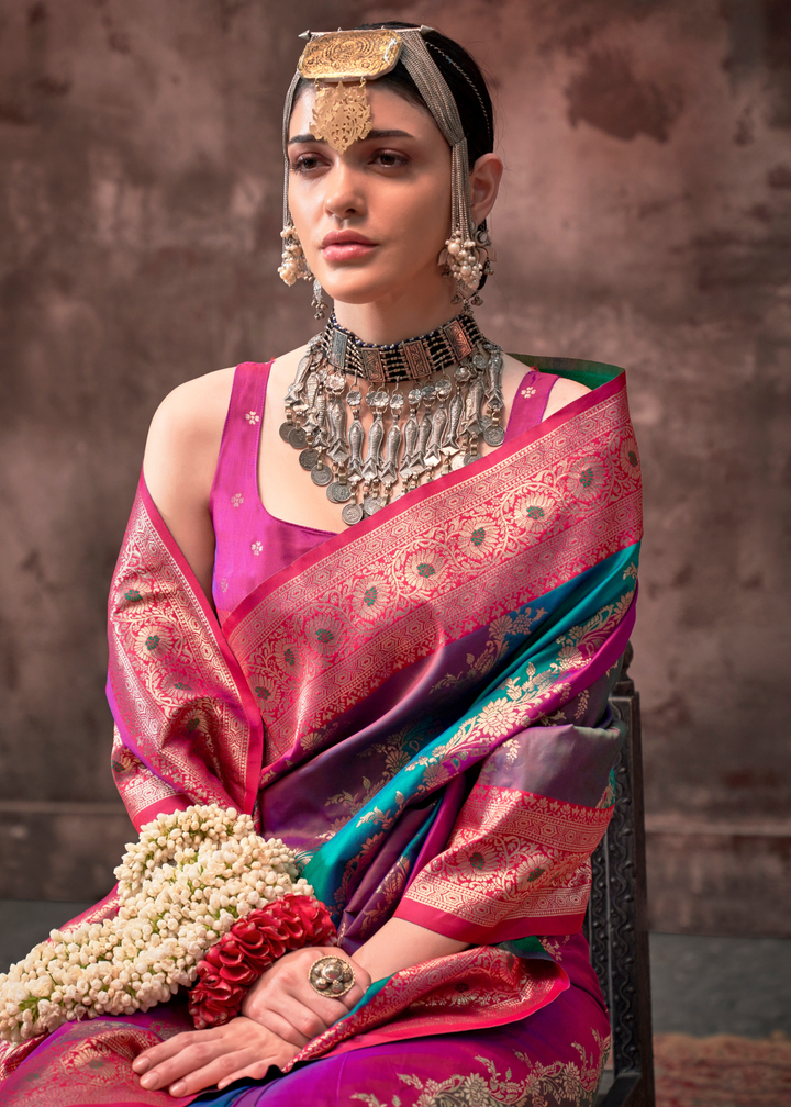 Blue & Pink Rangkaat Handloom Silk Saree