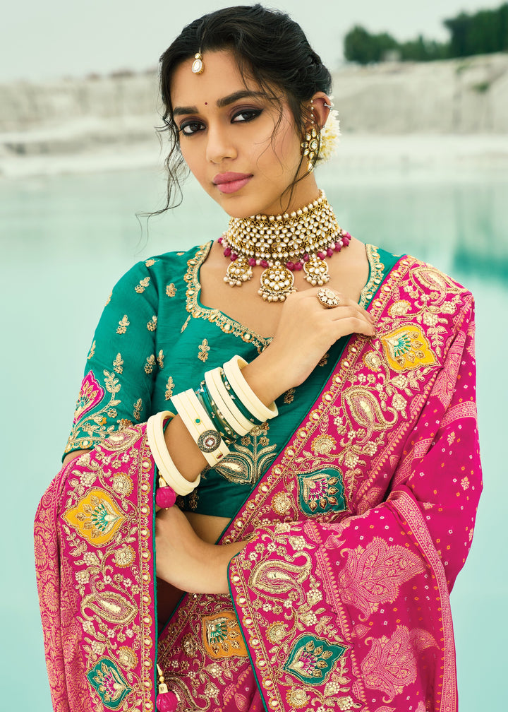 Bright Pink Georgette Bandhej Saree With Moti & Cut-Dana Handwork Border