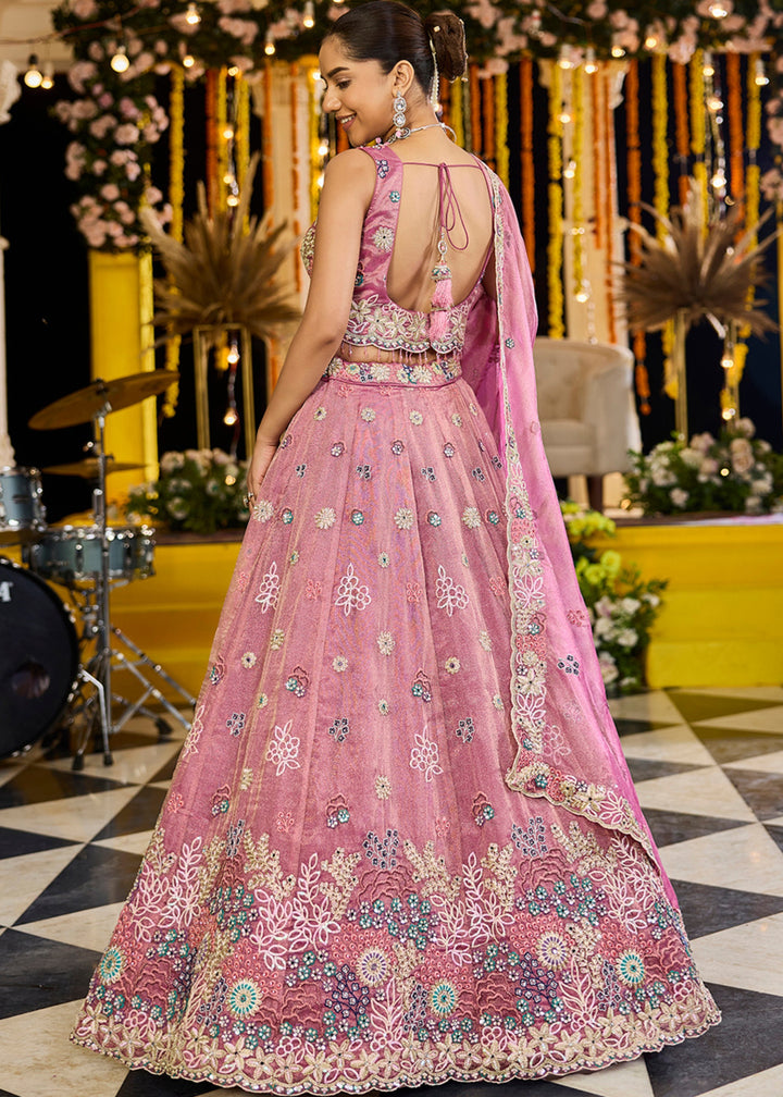 Pink Satin Silk Lehenga Choli with Sequinned Embroidered