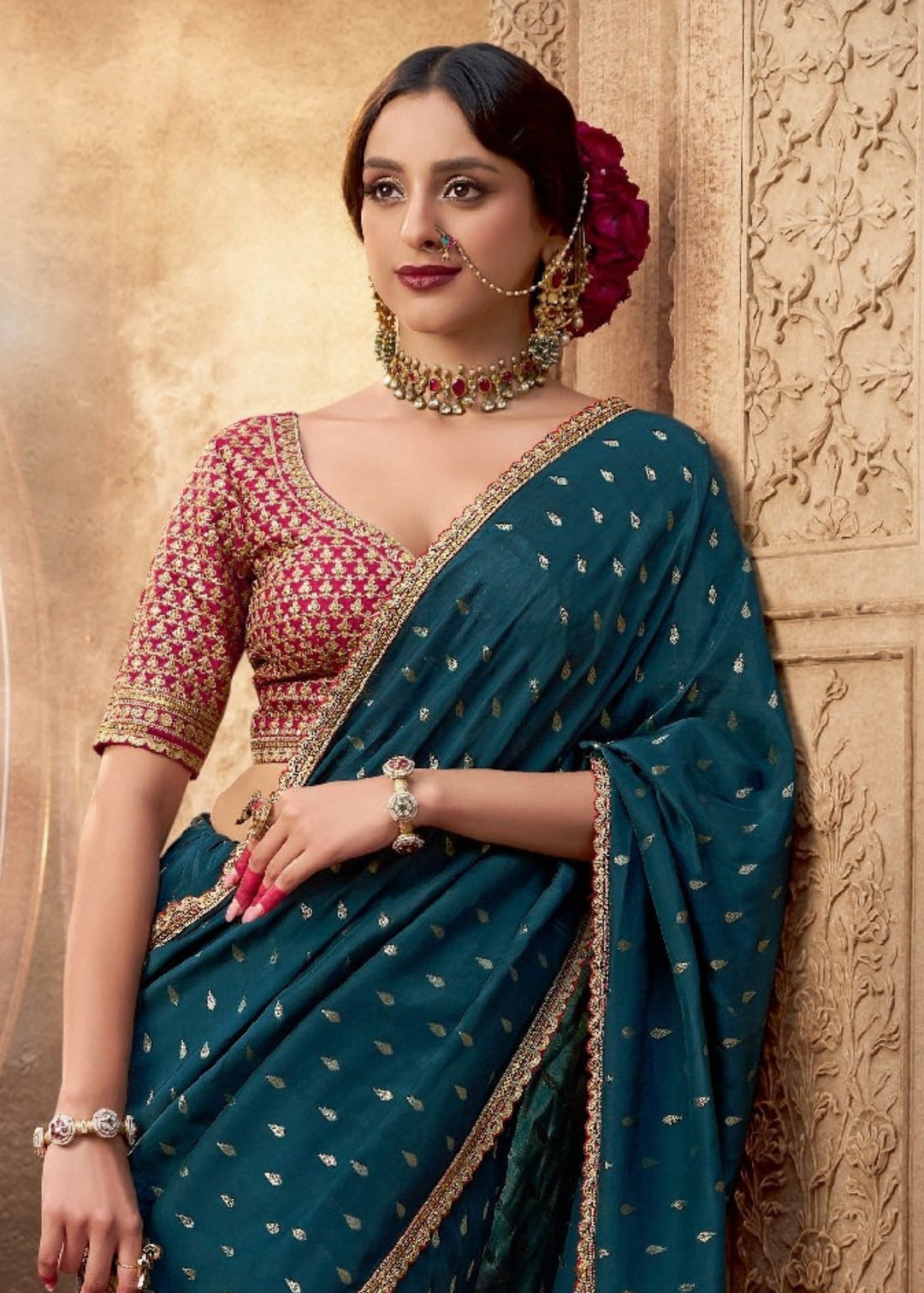 Teal Pure Viscous Crepe based fabric with Hand dying & Butti weaving Saree