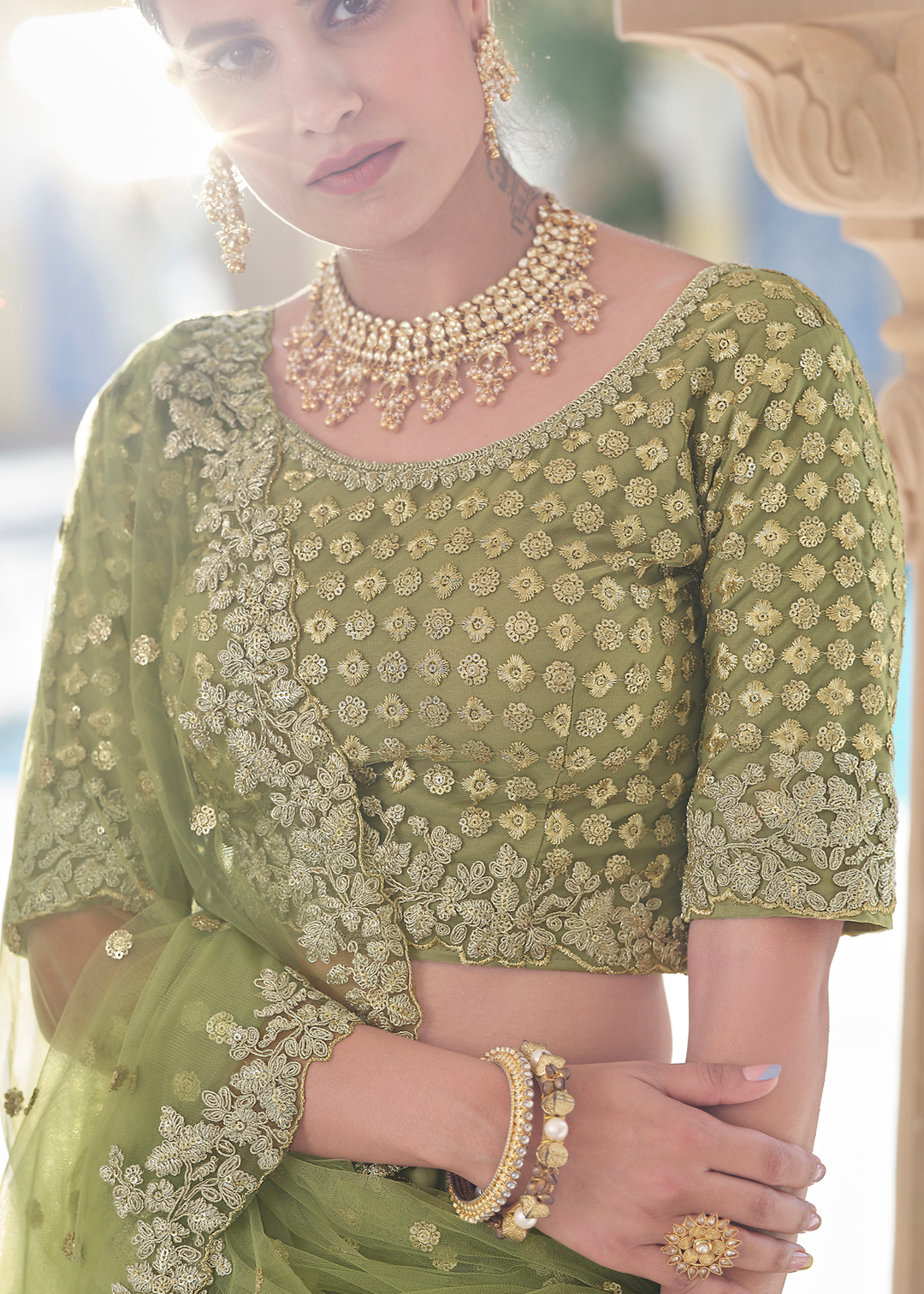 Olive Green Soft Net Lehenga Choli with Dori & Sequins work