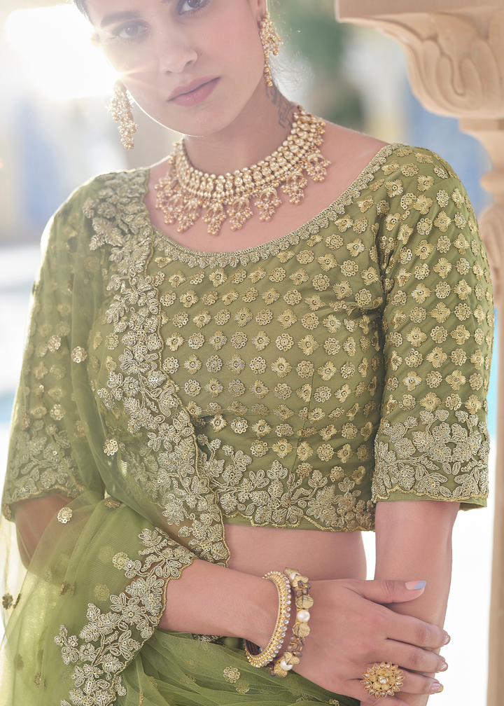 Olive Green Soft Net Lehenga Choli with Dori & Sequins work