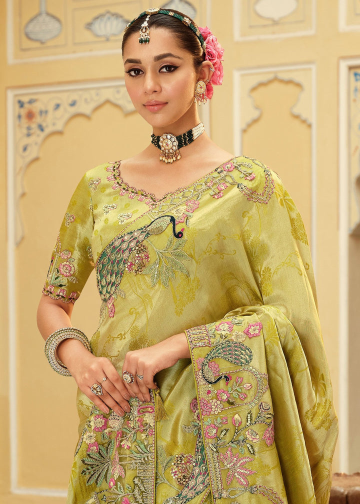 Lime Green with Multicolor floral embroidery Silk Saree