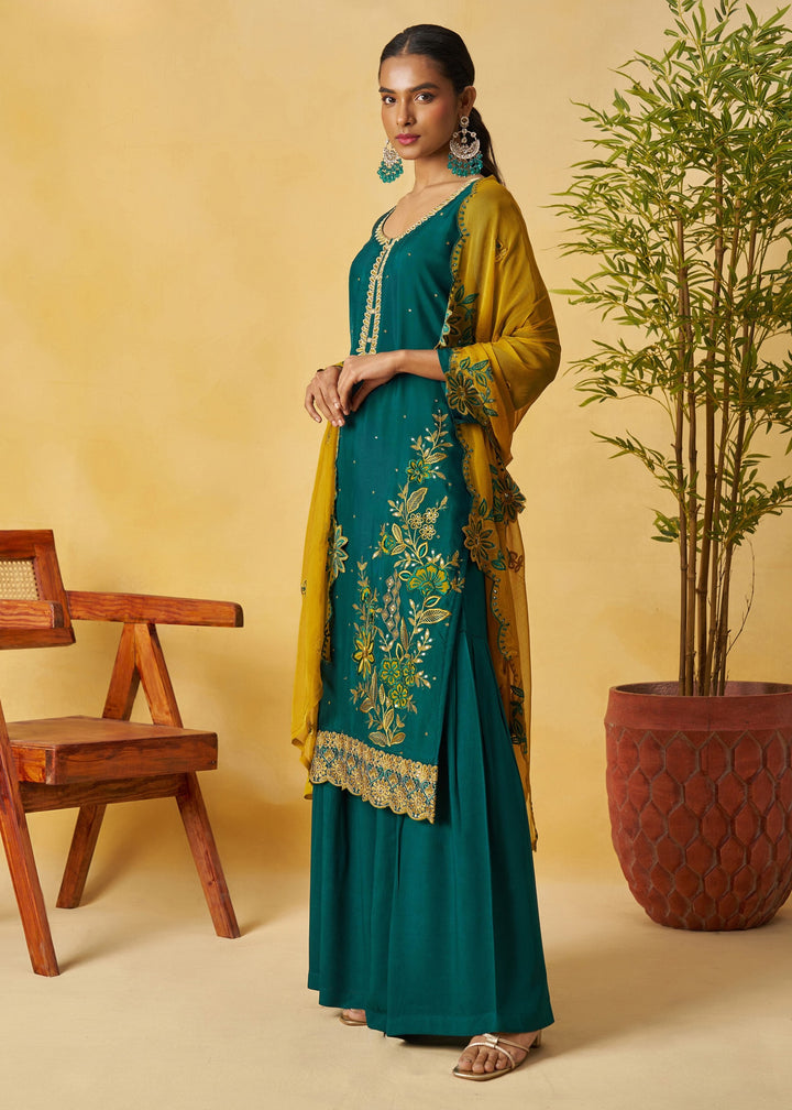 Dark Teal Green Salwar Suit with Mustard Yellow Dupatta
