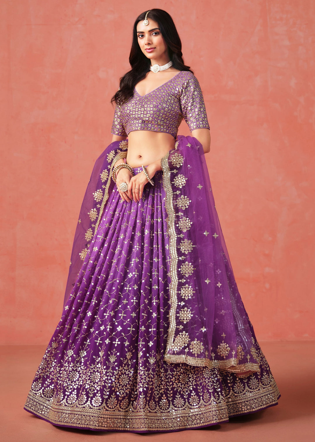 Purple Sequins Zari Embroidered Work Georgette Lehenga