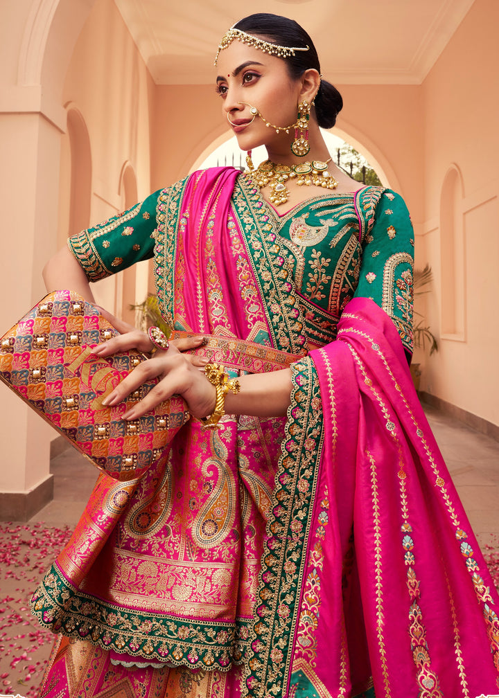 Magenta Pink Banarasi Silk Lehenga With Golden Zari Work