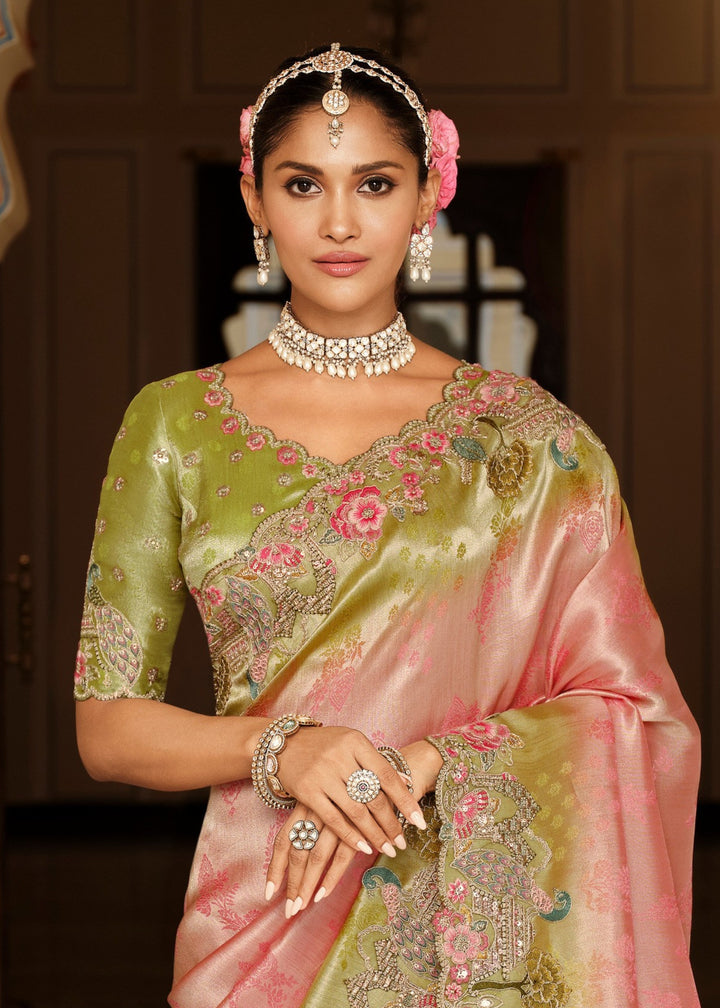 Dusty Rose Pink With Green Border Silk Saree