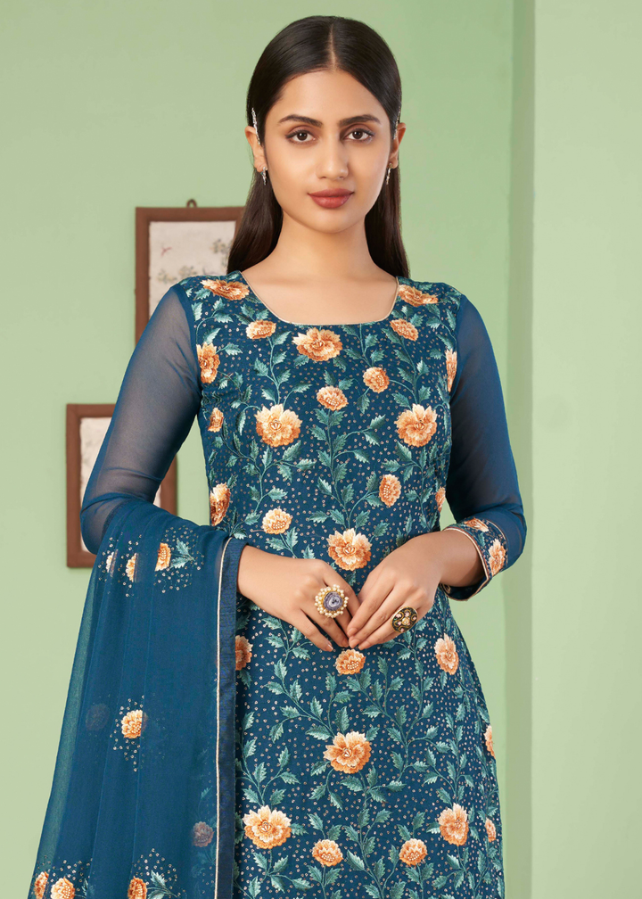 Prussian Blue Georgette Salwar Suit with Multi Colour Thread Embroidery & Sequence work