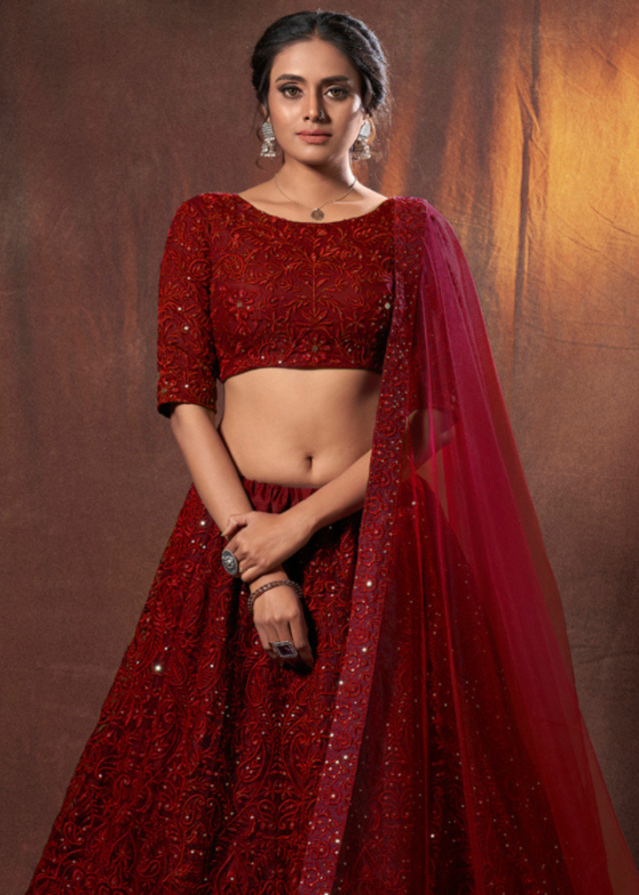 Barn Red Designer Soft Net Lehenga Choli with Thread & Sequins work