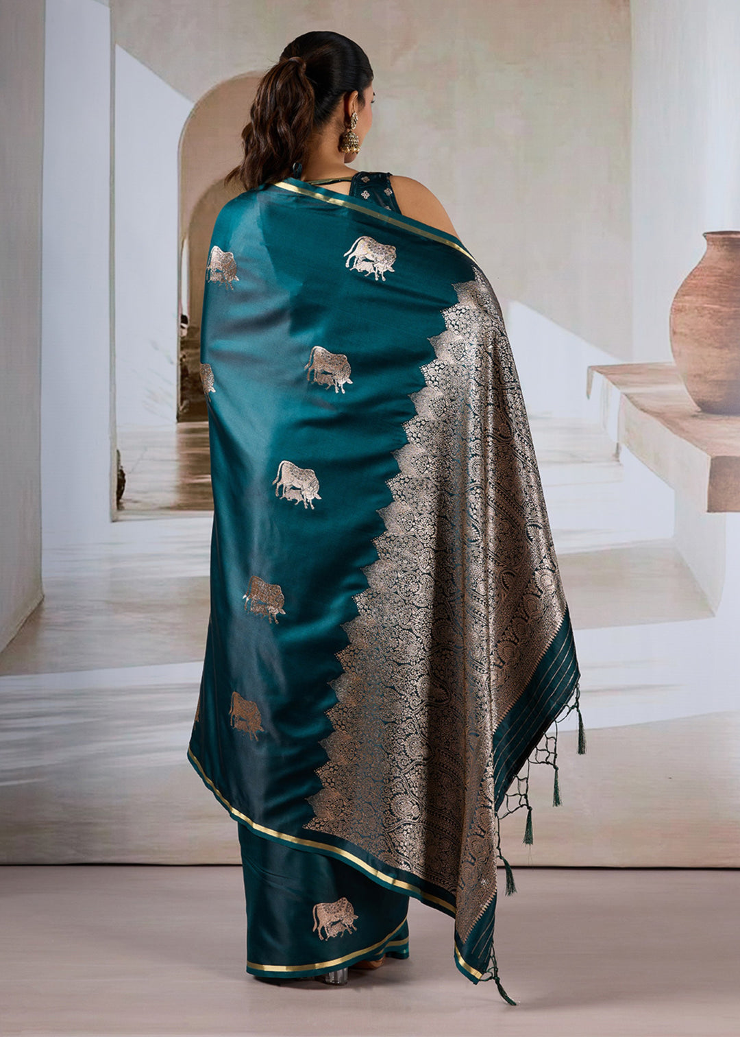 Dark Green Pure Satin Handloom Weaving Saree