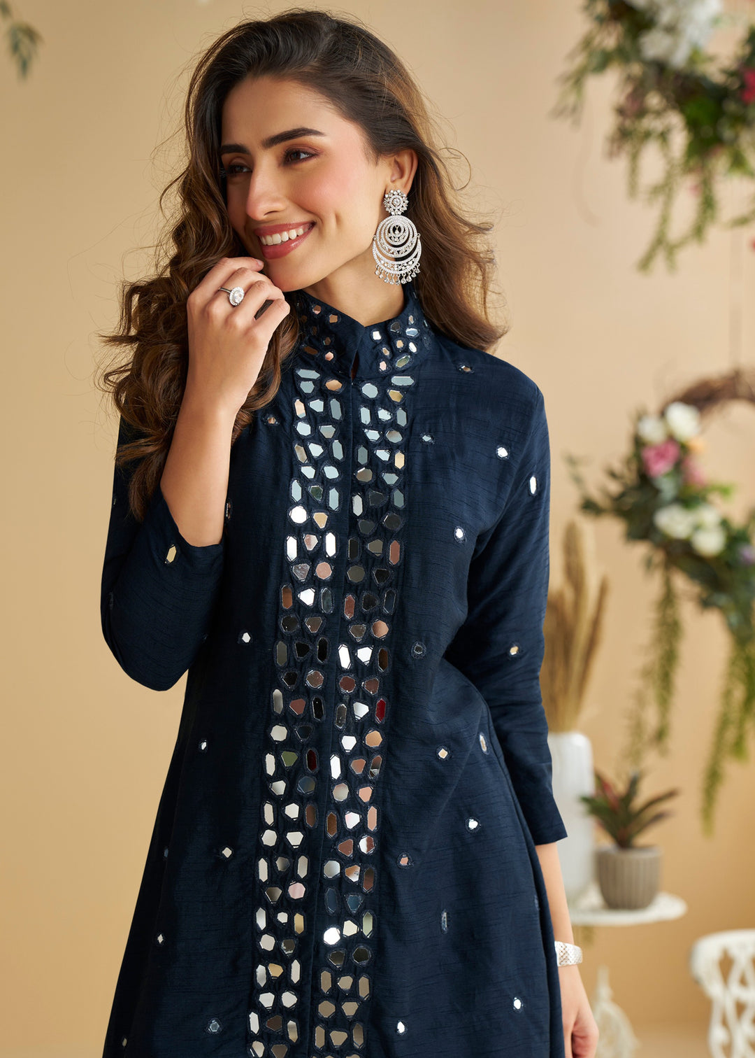 Navy Blue Silk Palazzo Suit With Silver Mirror