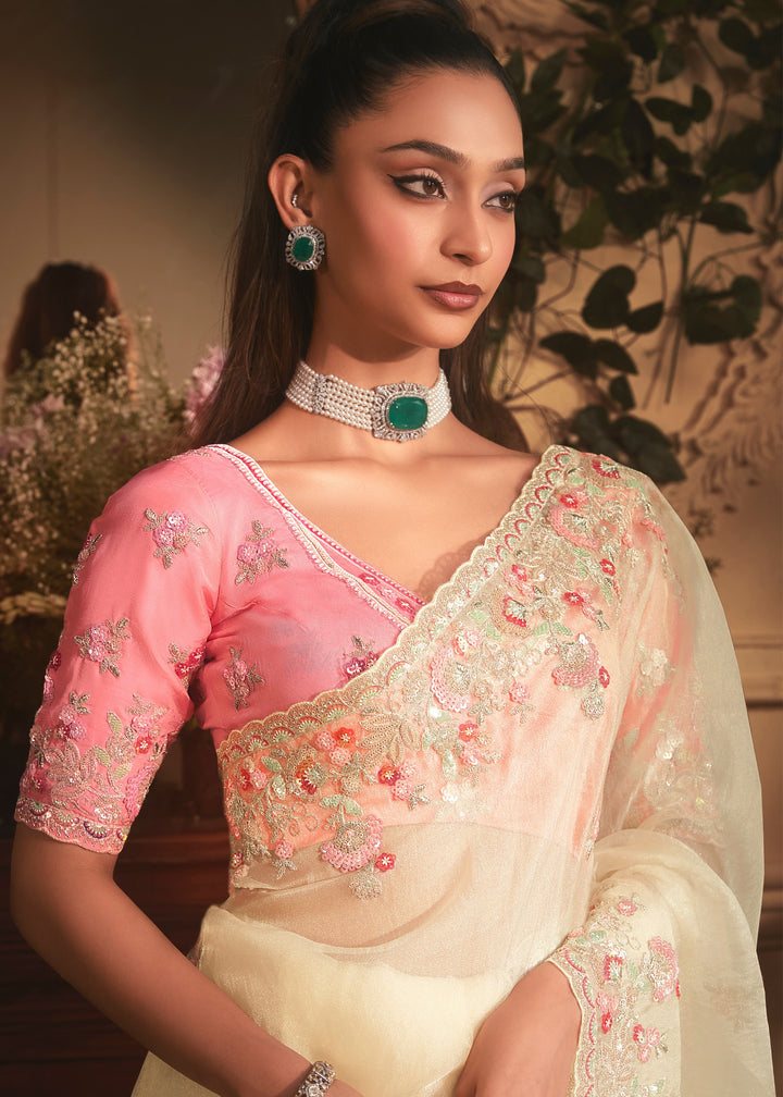 Ivory Tissue Organza Saree With Heavy Embroidery
