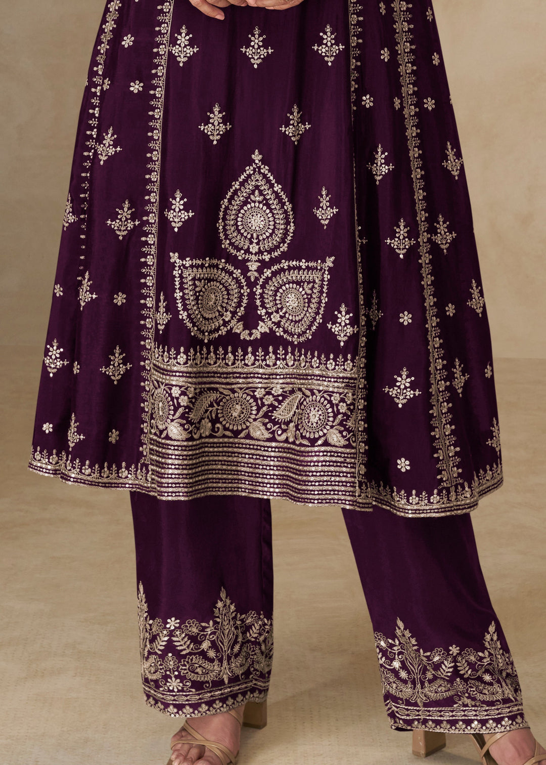 Dark Purple Chinon Silk Suit With Embroidery Work