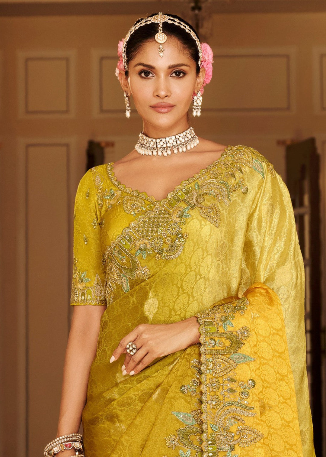 Mustard Yellow With Blue-Grey Embroidery Silk Saree