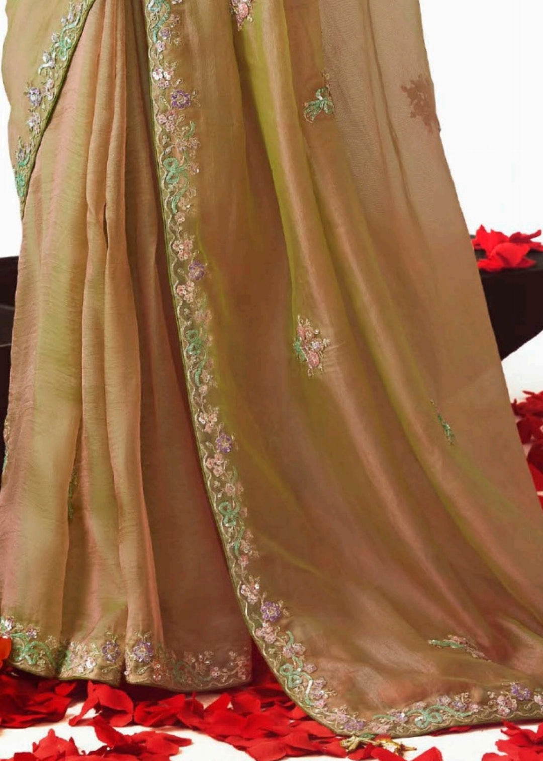 Golden Fancy Fabric Silk Saree With Hand Embroidered Work And Cut Work Border