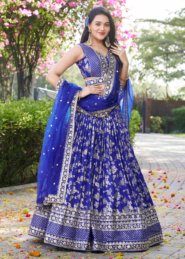 Royal Blue Sequins and Zari Embroidery Work Silk Lehenga
