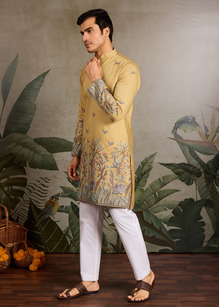 Mustard Yellow Mens Silk Kurta with Pant