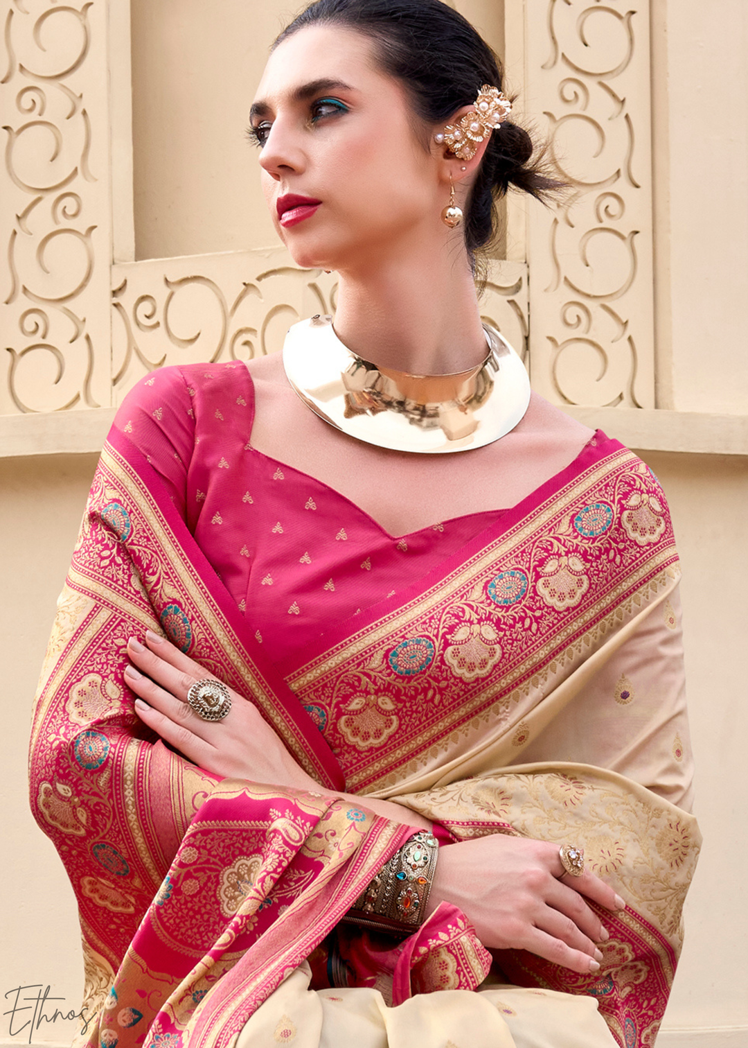 Cream Banarasi Silk Saree