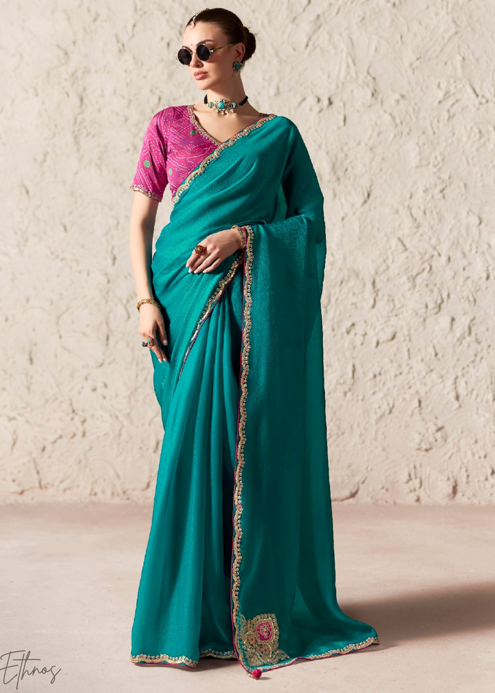 Teal Blue Embroidered Glass Tissue Designer Saree