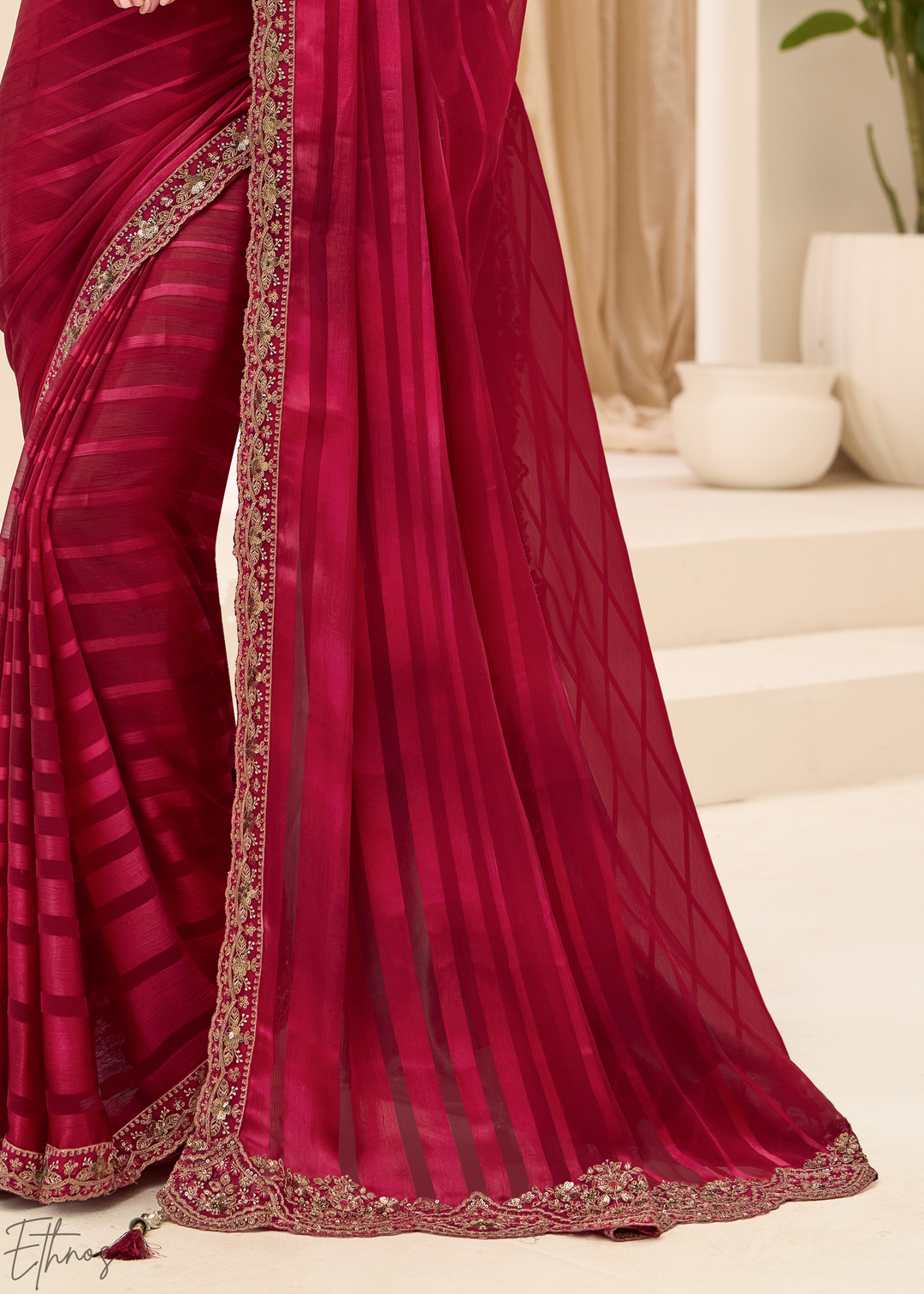 Deep Maroon Textured Satin Georgette Saree